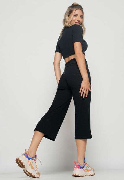 Kit 2 Croppeds  Gola Alta Comfy Malha Canelada Verde e Preto