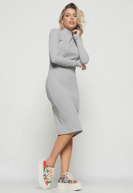 Vestido  Midi Manga Longa Canelado Mescla