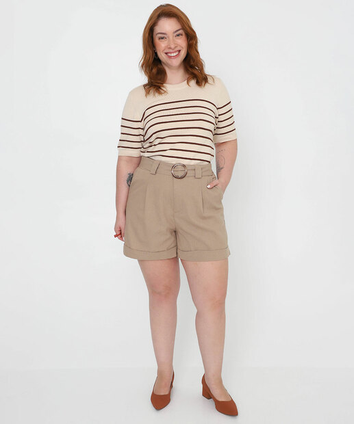 Blusa Plus Size Feminina Tricô Listrada Marisa Bege