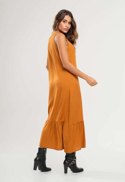 Vestido Midi Regata Babado Viscolinho Caramelo Salvatore Fashion