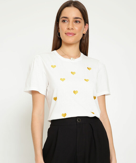 Blusa Feminina Bordado Coração Manga Curta Marisa