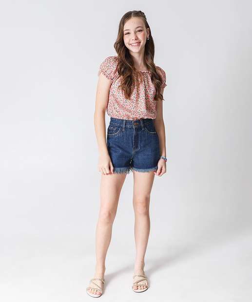 Blusa Juvenil Cropped Ciganinha Floral Marisa Tam 10 a 16 Rosa