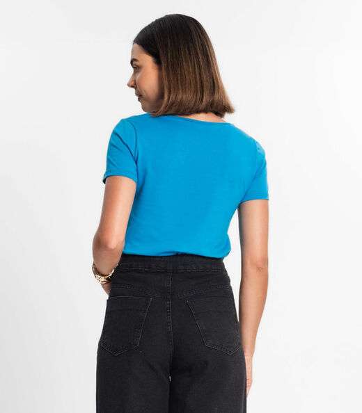 Blusa Feminina Manga Curta Decote V Rovitex Azul