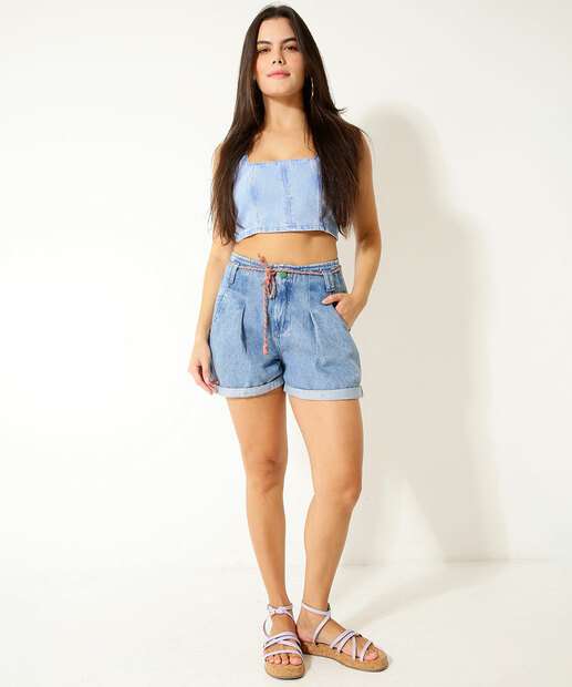 Short Jeans Feminino Barra Dobrada Amarração Marisa
