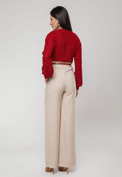 Blusa de Tricot em Fio Boton? Gola Redonda Vermelho Salvatore