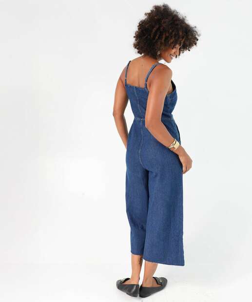 Macacão Feminino Pantacourt Jeans Alças Finas Marisa Azul