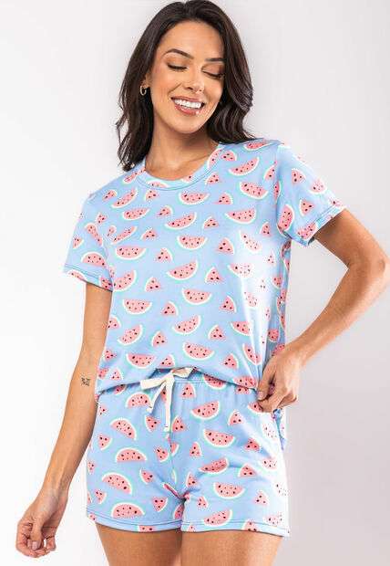 Pijama Short e Blusa M/C Malha Azul Salvatore Fashion
