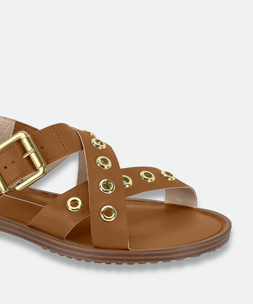 Sandália Feminina Rasteira Tachas Moleca Caramelo