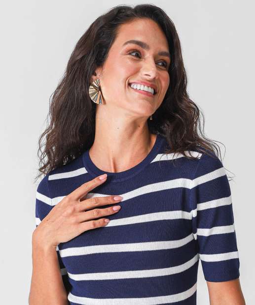 Blusa Feminina Manga Curta Listrada Marisa Azul