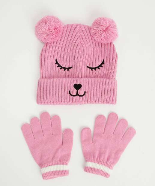 Kit Touca e Luva Infantil Urso Tricô Marisa Tam 04 A 08 Rosa