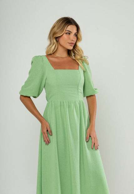 Vestido Longo Com Decote Reto E Manga Bufante 3/4 Verde Salvatore