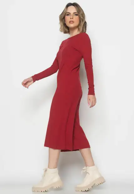 Macacão Manga Longa  Pantacourt Canelado  Fashion Vermelho