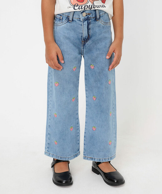 Calça Jeans Reta Infantil Bordado Morango Tam 4 a 10 Azul