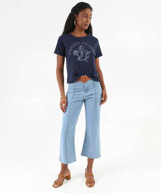 Blusa Feminina Estampa Flor Manga Curta Marisa Azul