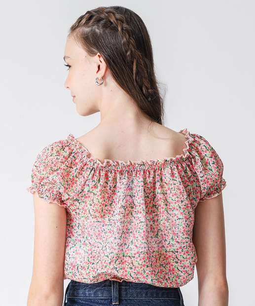 Blusa Juvenil Cropped Ciganinha Floral Marisa Tam 10 a 16 Rosa