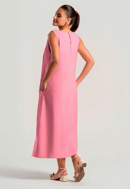 Vestido Midi Alfaiataria Marrant Regata Com Fendas e Bolsos Rosa Salvatore