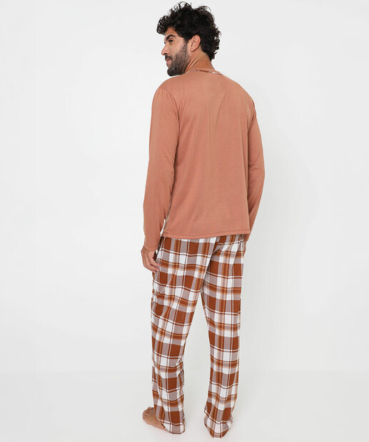 Pijama Masculino Xadrez Manga Longa MR Marrom