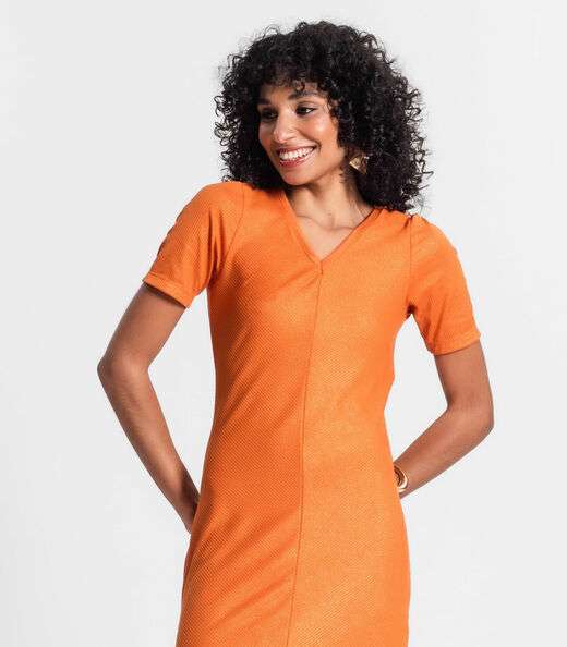 Vestido Midi Ribana Canelada Lurex Rovitex Laranja