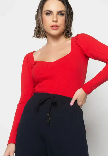 Blusa  Princesa Decote Coração Malha Canelada Vermelho