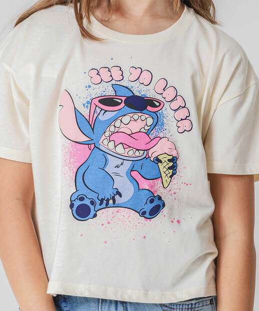 Blusa Infantil Babado Stitch Tam 6 a 14 Bege