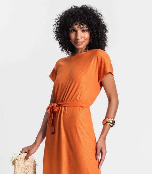 Vestido Midi Em Ribana Canelada Lurex Rovitex Laranja