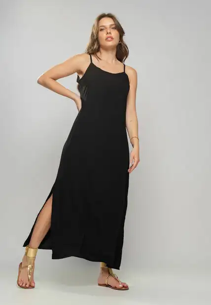 Vestido Longo Viscolinho Fenda Preto Salvatore Fashion