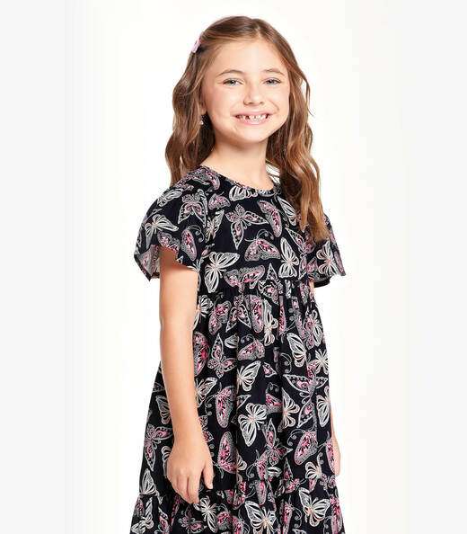 Vestido Midi Infantil Borboletas Trick Nick Preto