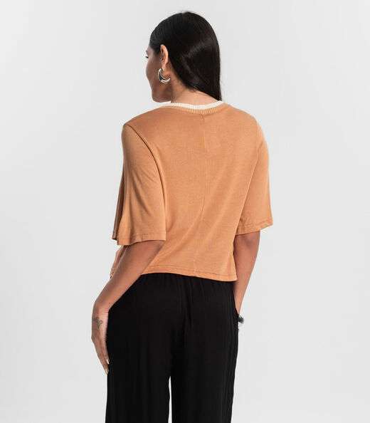 Camiseta Feminina Meia Malha Manga Fluída Rovitex Marrom