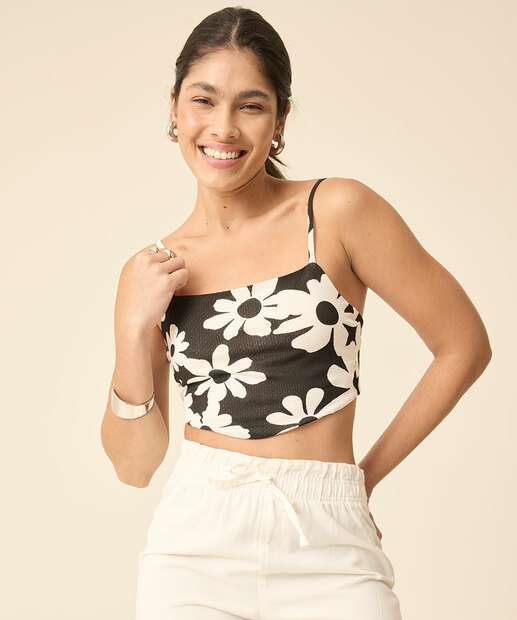 Blusa Cropped Feminina Floral Amarração Marisa