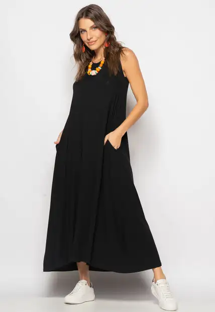 Vestido Longo Regata Com Bolsos Preto Salvatore