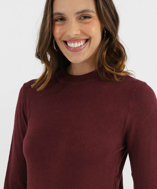 Suéter Feminino Liso Gola Careca Marisa Vinho