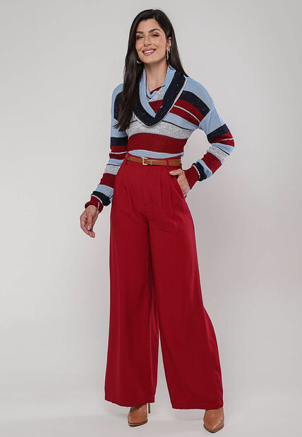 Blusa de Tricot Boton? Listrada com Gola Ampla Vermelho e Azul Salvatore