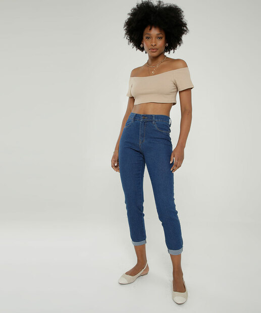 Calça Jeans Capri Feminina Cintura Alta Barra Dobrada  