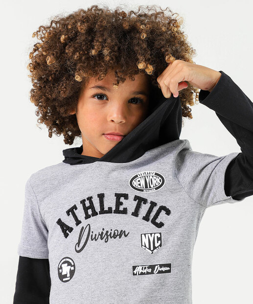 Camiseta Infantil Manga Longa Capuz Marisa Tam 4 a 10 Cinza