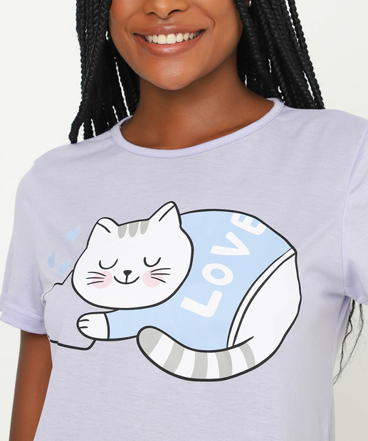 Camisola Estampa Gato Manga Curta Marisa Lilás