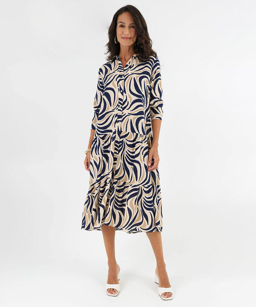 Vestido Feminino Chemise Midi Estampado Marisa Bege