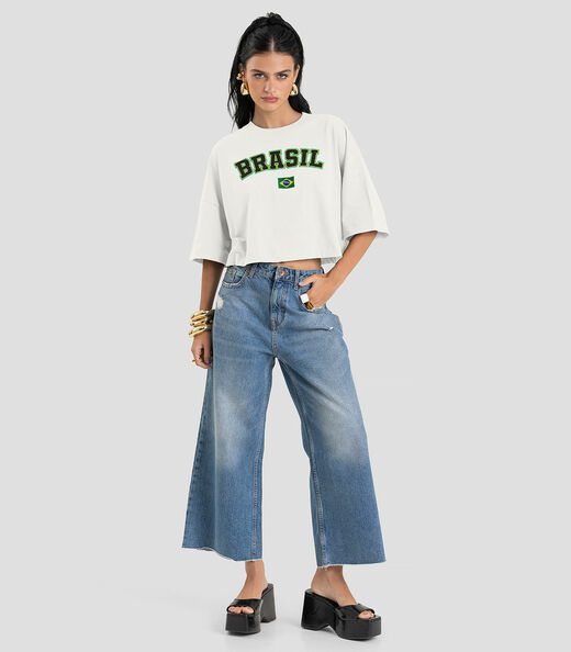 T- Shirt Feminina em Meia Malha Brasil Dianna Bege