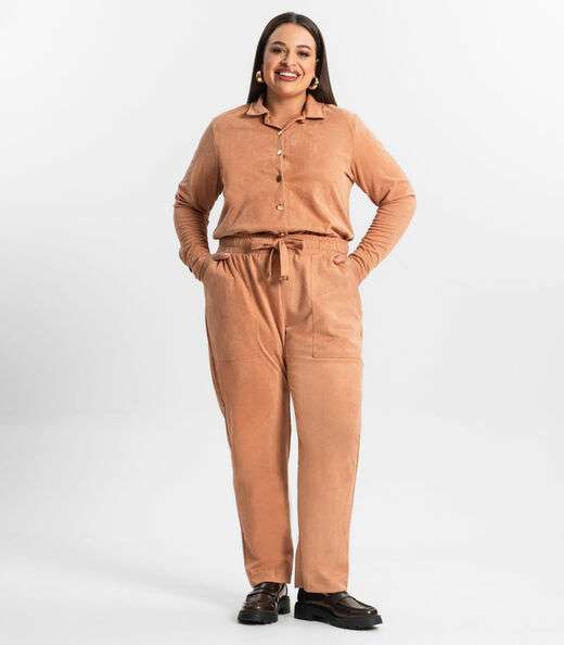 Calça Reta Plus Size Feminina Em Suede Secret Glam Marrom