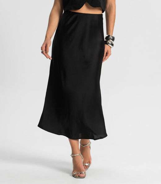 Saia Feminina Midi Acetinada Style Box Preto