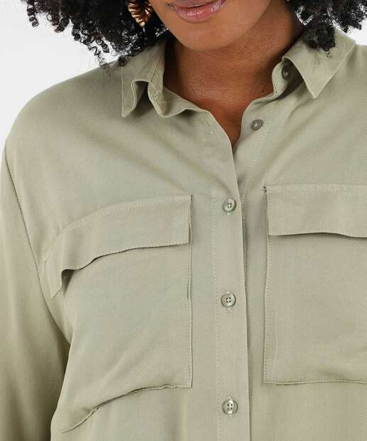 Camisa Feminina Manga Longa Bolsos Marisa Bege