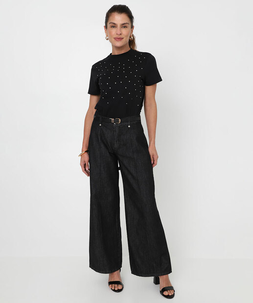 Blusa Feminina Strass Manga Curta Marisa Preto