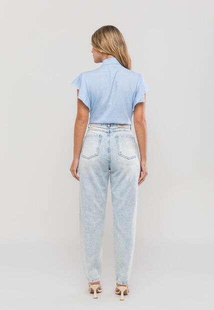 Blusa Feminina Com Laço na Gola e Manga Babado Azul Salvatore