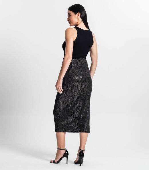 Saia Midi Feminina Em Lantejoula Endless Preto