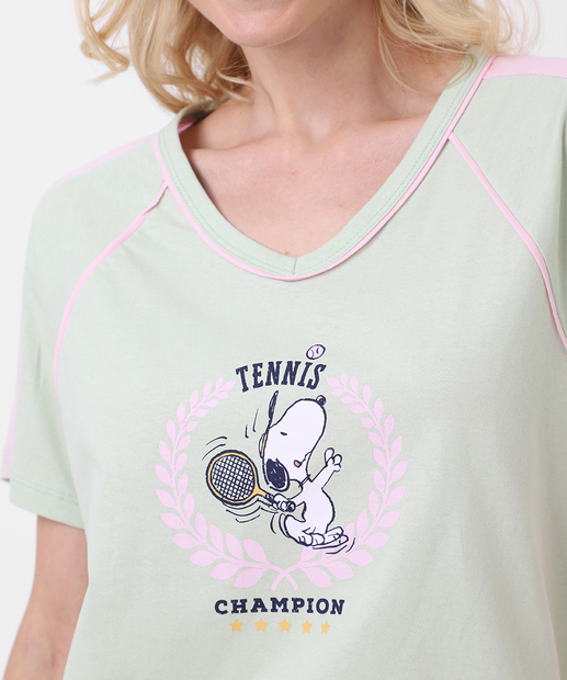 Pijama Feminino Manga Curta Estampa Snoopy Verde