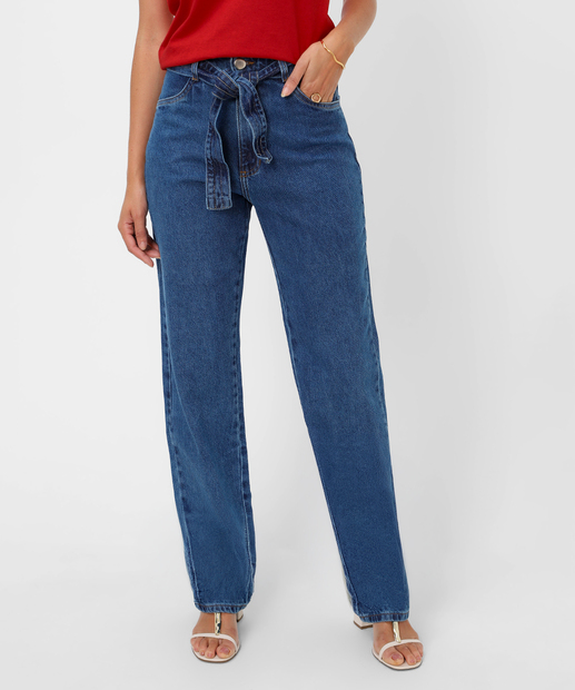 Calça Jeans Reta Feminina Amarração Marisa Azul