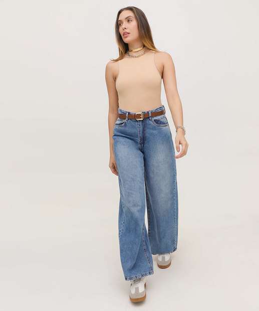 Calça Jeans Wide Leg Bolsos Feminina 