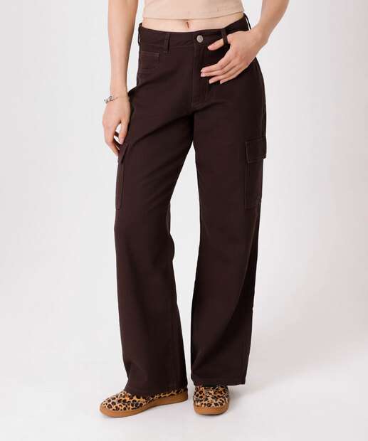 Calça Wide Leg Feminina Sarja Cargo Marisa