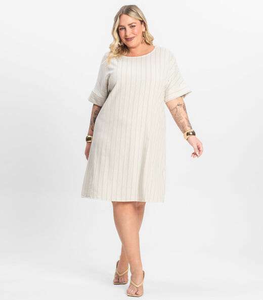 Vestido Plus Size em Visco Listras Secret Glam Bege