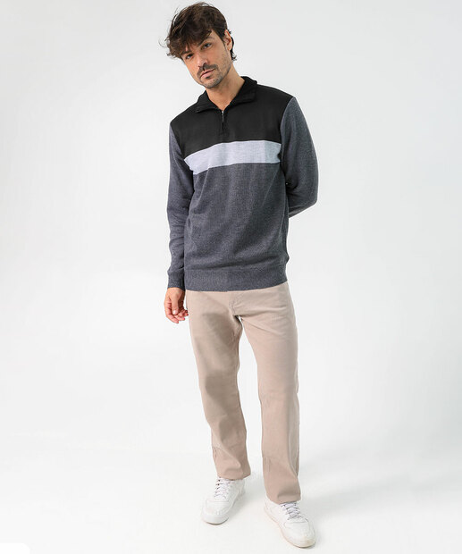Suéter Masculino Tricô Half Zíper Recortes MR Preto