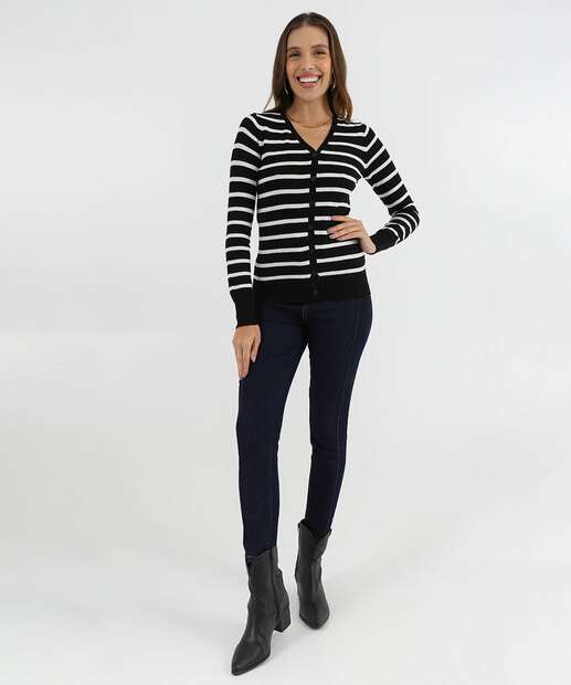 Cardigan Feminino Botões Listrado Marisa Preto